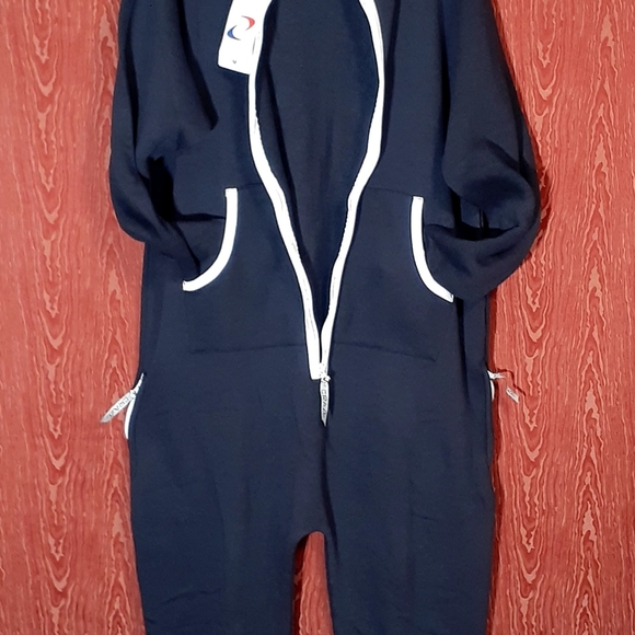 CRACE UNISEX JUMPSUIT PAJAMA HOODED LONG SLEEVE 2 POCKETS DARK BLUE/WHITE SIZE M - Picture 3 of 9